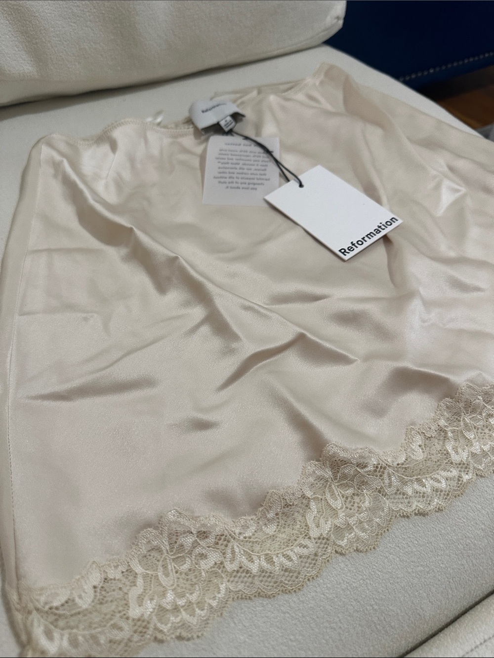 Reformation Satin Lace-Trim Mini Skirt in Cream Neera Satin Skirt - Picture 4 of 5